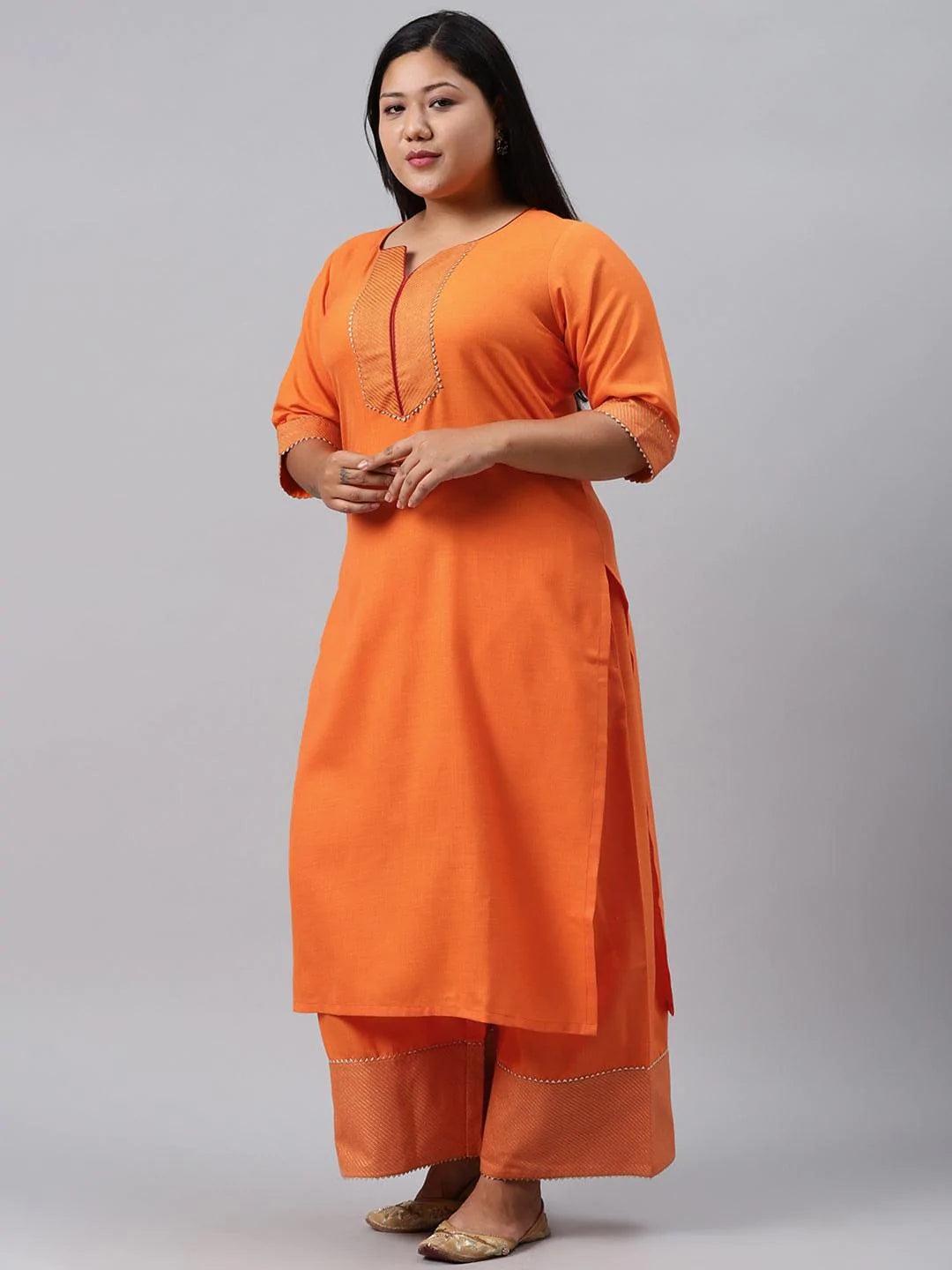 Plus Size Orange Solid Cotton Suit Set