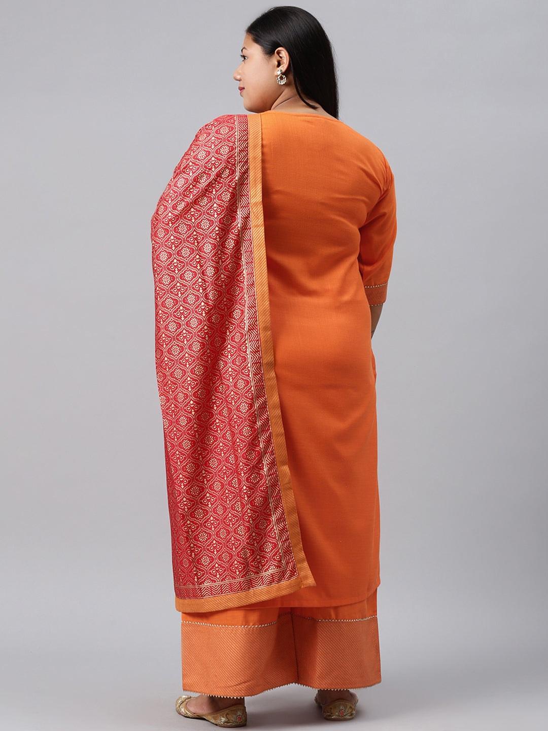 Plus Size Orange Solid Cotton Suit Set