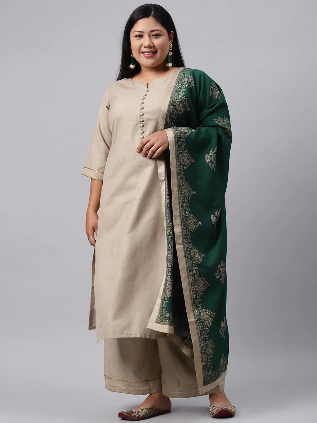 Plus Size Beige Solid Cotton Suit Set - ShopLibas