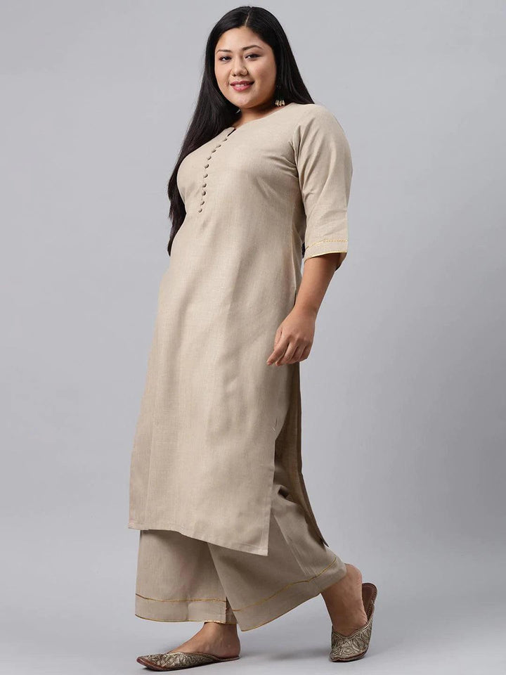 Plus Size Beige Solid Cotton Suit Set - ShopLibas