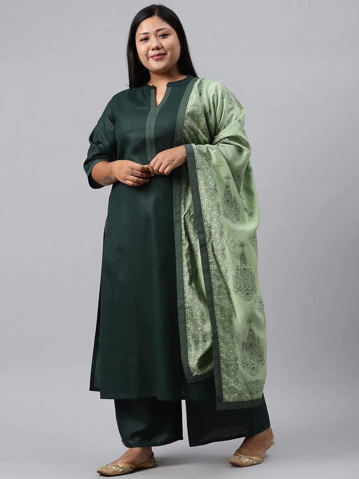 Plus Size Green Solid Cotton Suit Set - ShopLibas