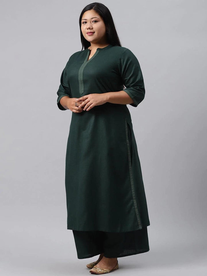 Plus Size Green Solid Cotton Suit Set - ShopLibas