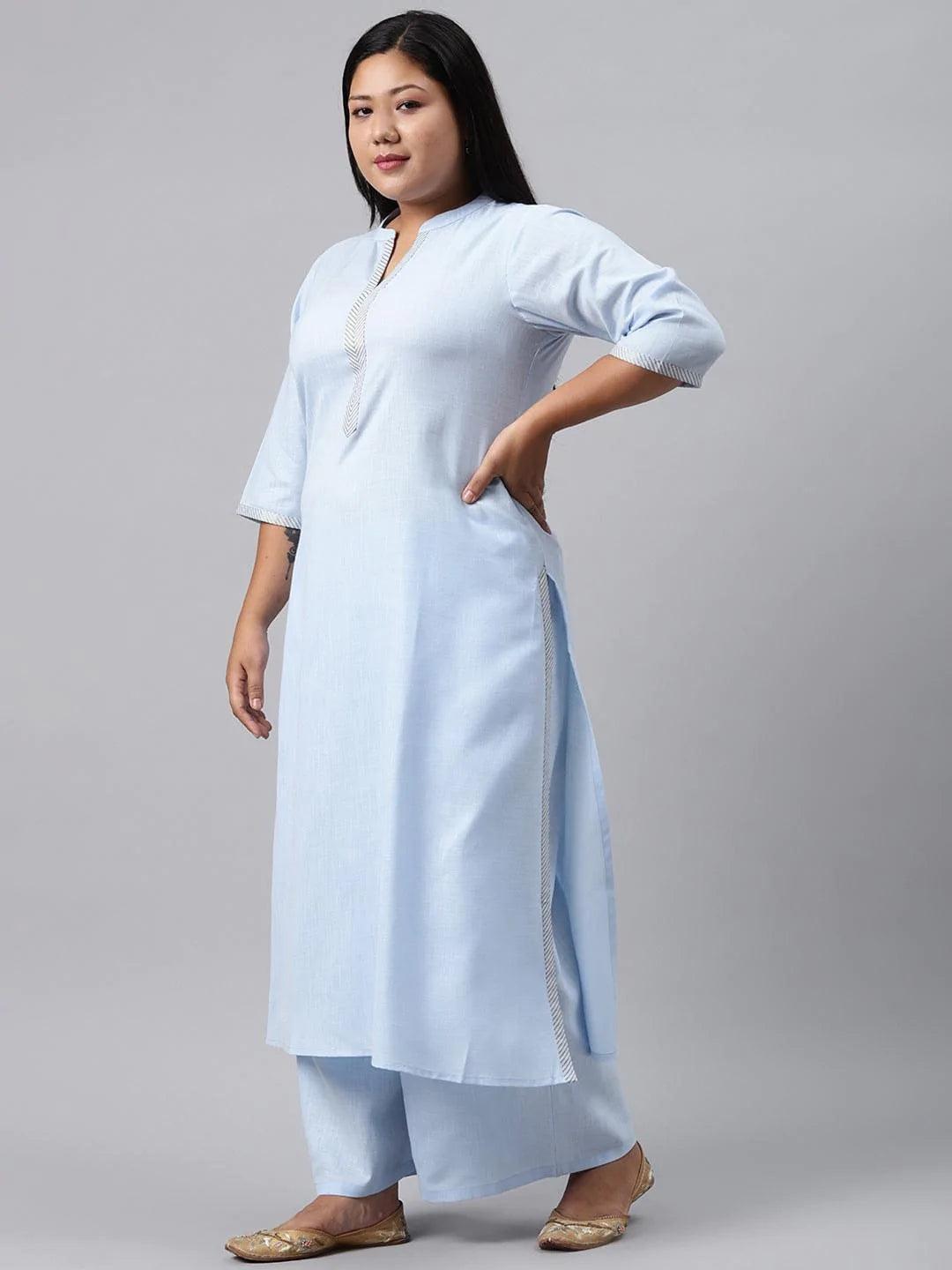 Plus Size Blue Solid Cotton Suit Set