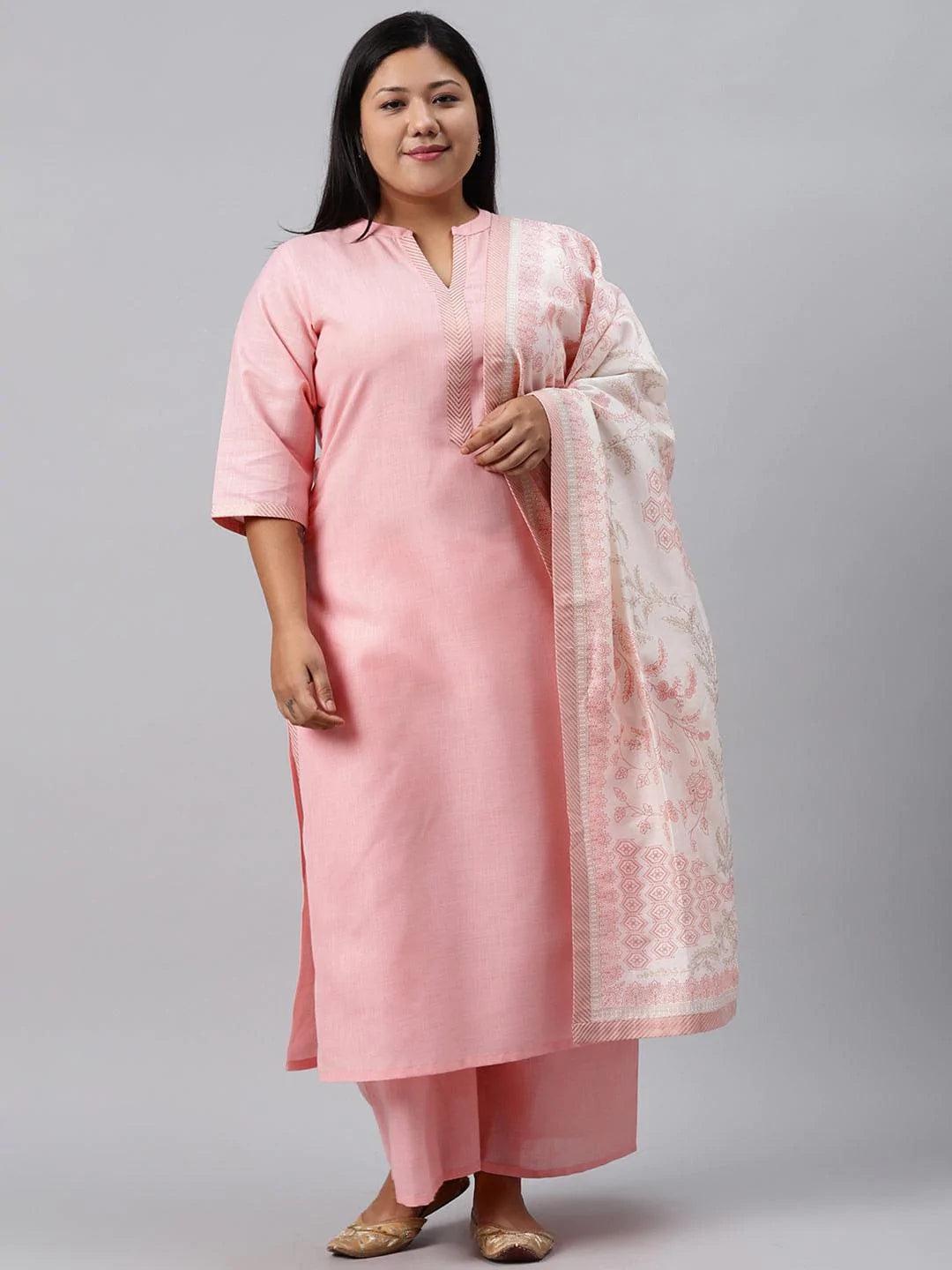 Plus Size Pink Solid Cotton Suit Set