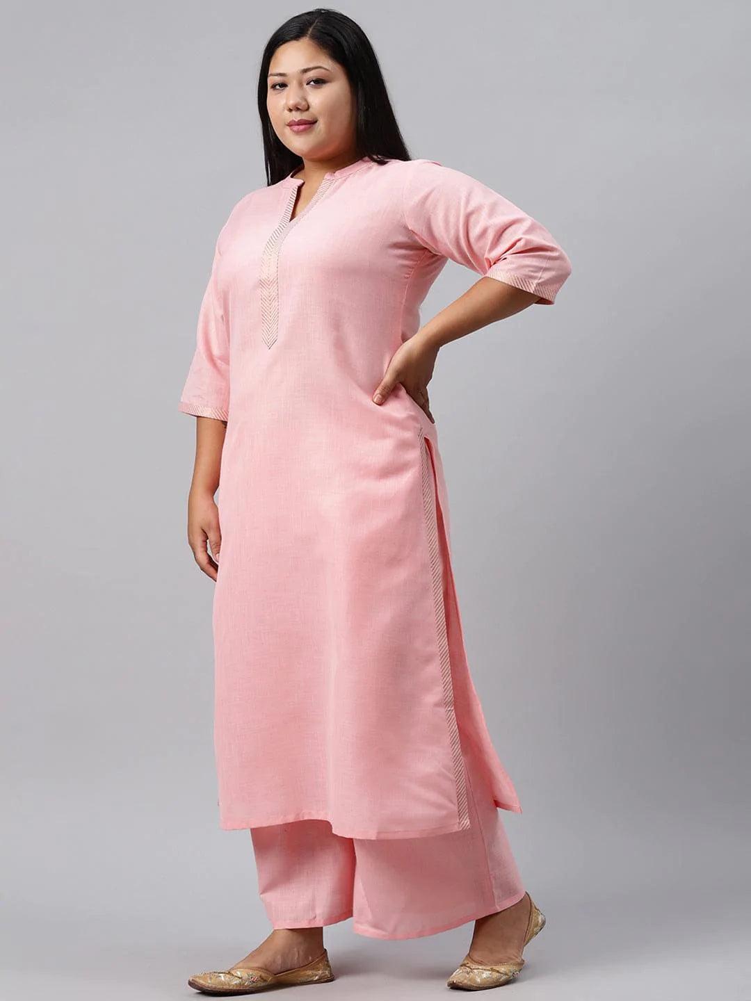 Plus Size Pink Solid Cotton Suit Set - ShopLibas