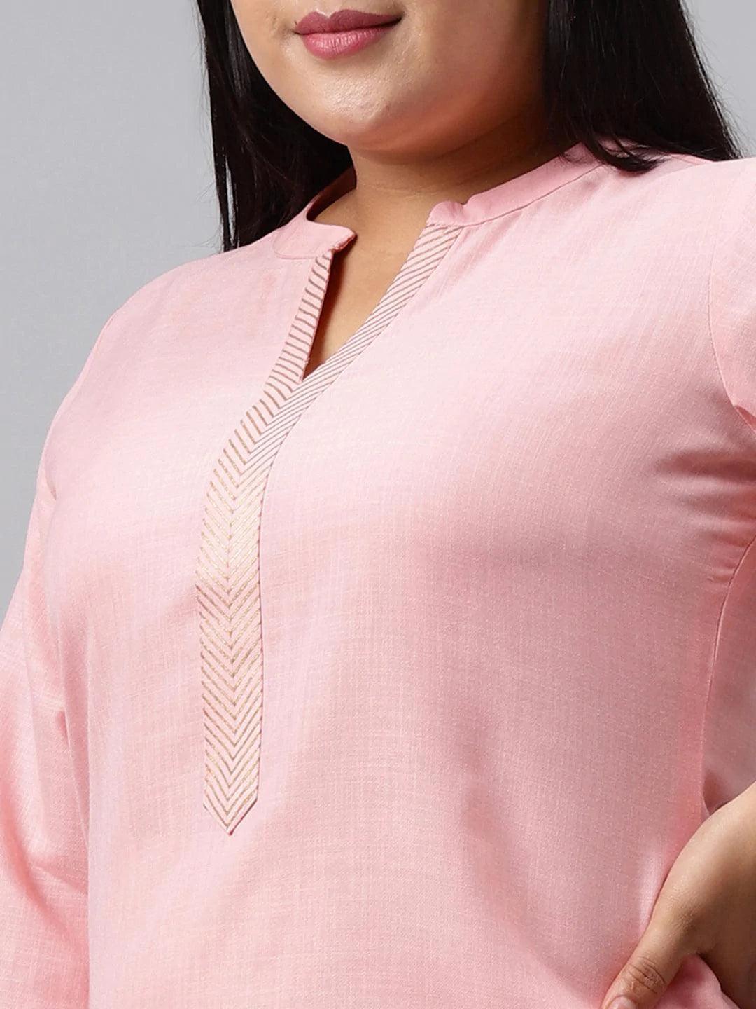 Plus Size Pink Solid Cotton Suit Set - ShopLibas