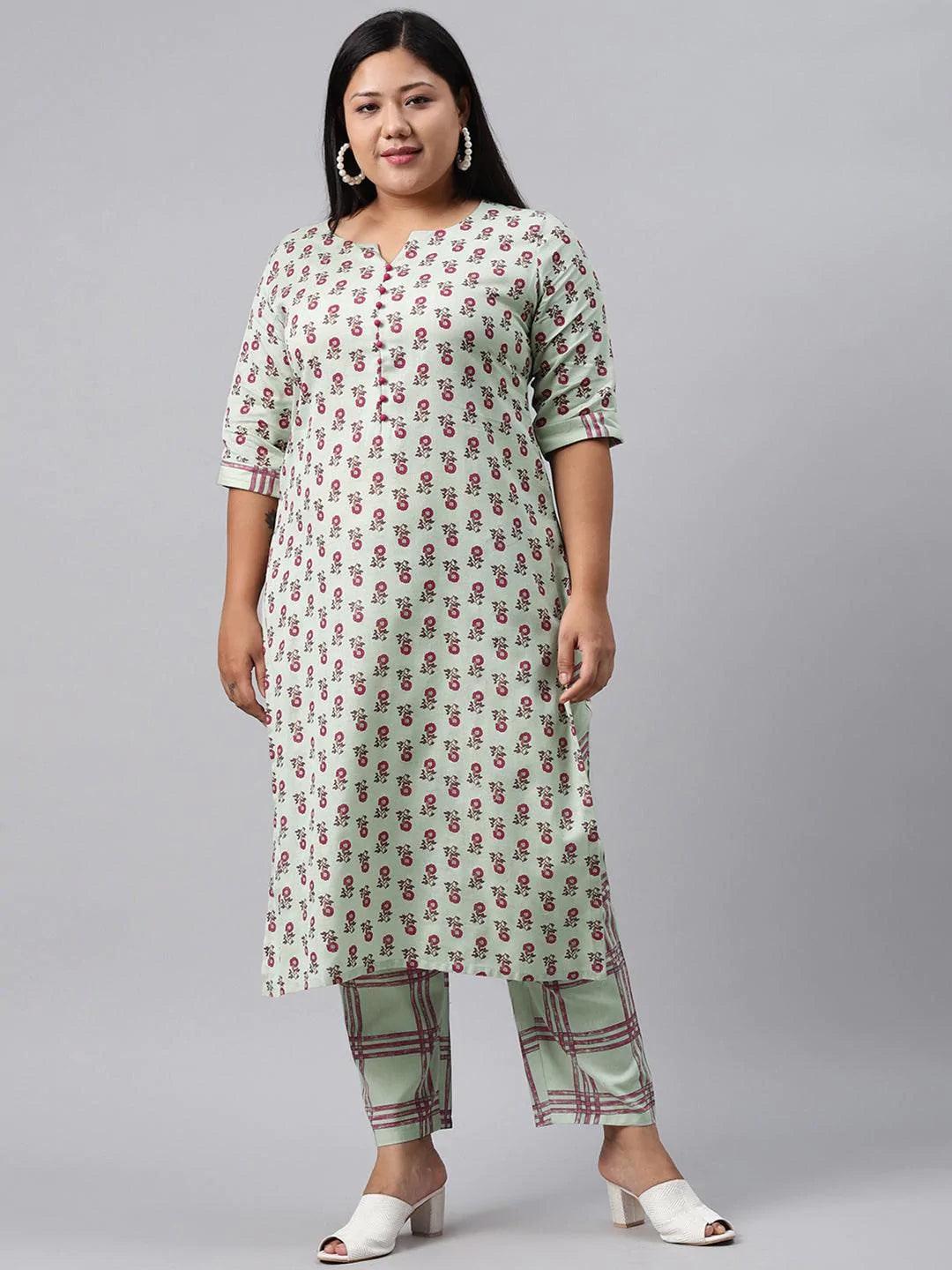 Plus Size Green Printed Cotton Kurta Set