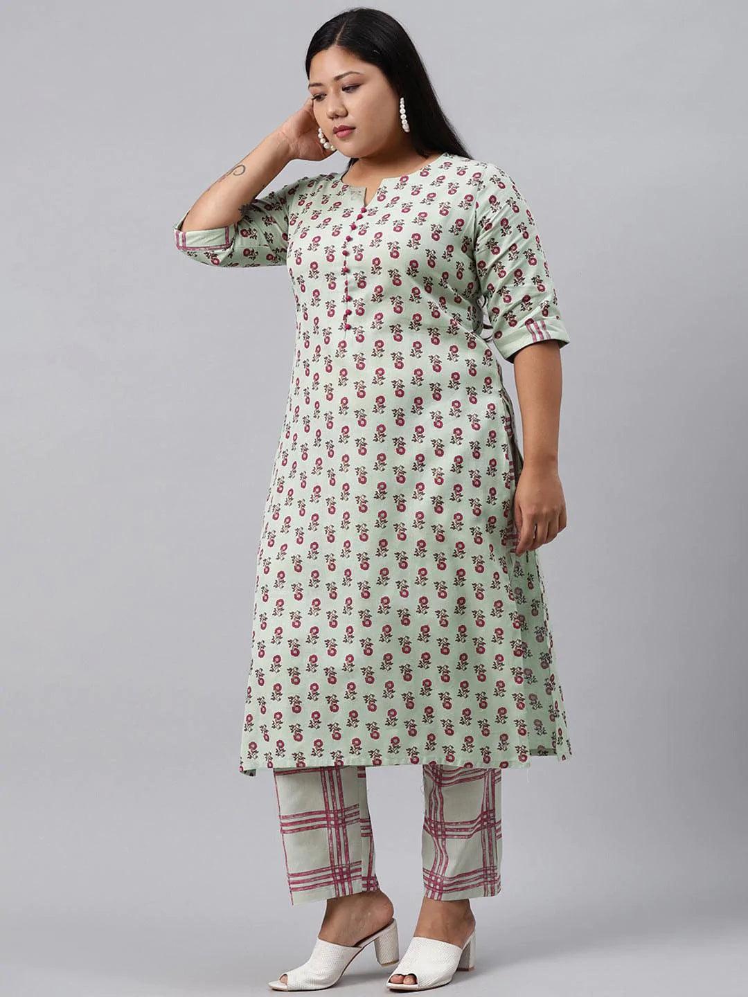 Plus Size Green Printed Cotton Kurta Set