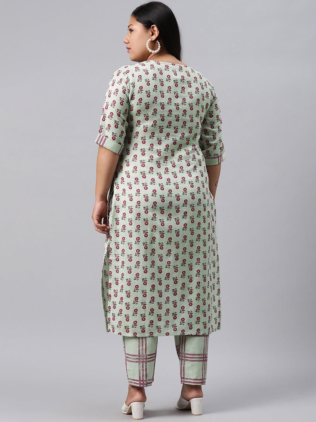 Plus Size Green Printed Cotton Kurta Set