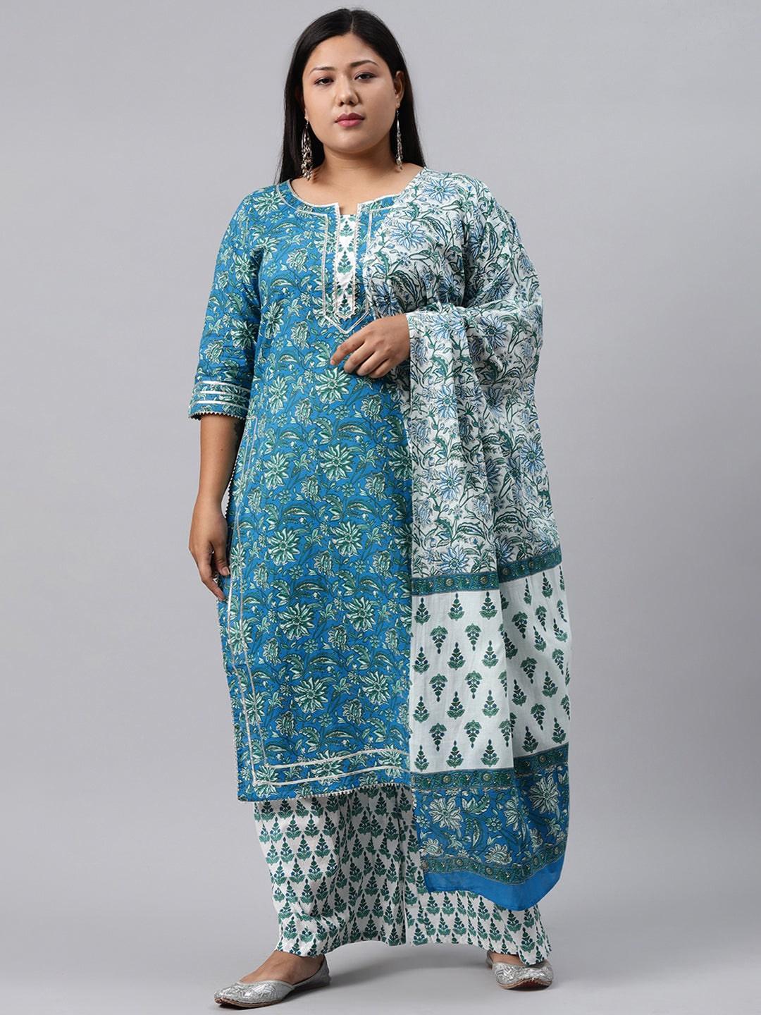 Plus Size Blue Printed Cotton Suit Set