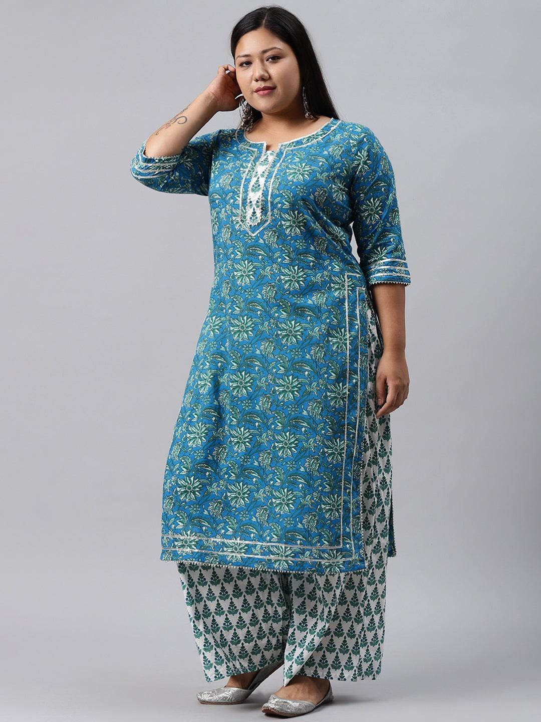 Plus Size Blue Printed Cotton Suit Set