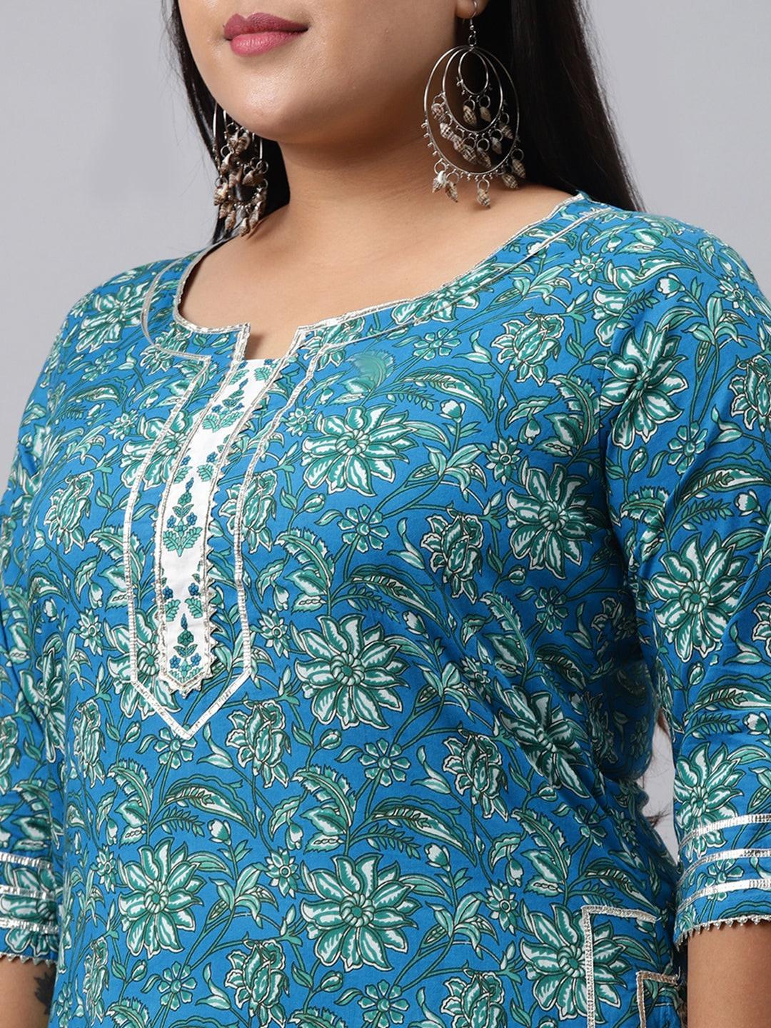 Plus Size Blue Printed Cotton Suit Set