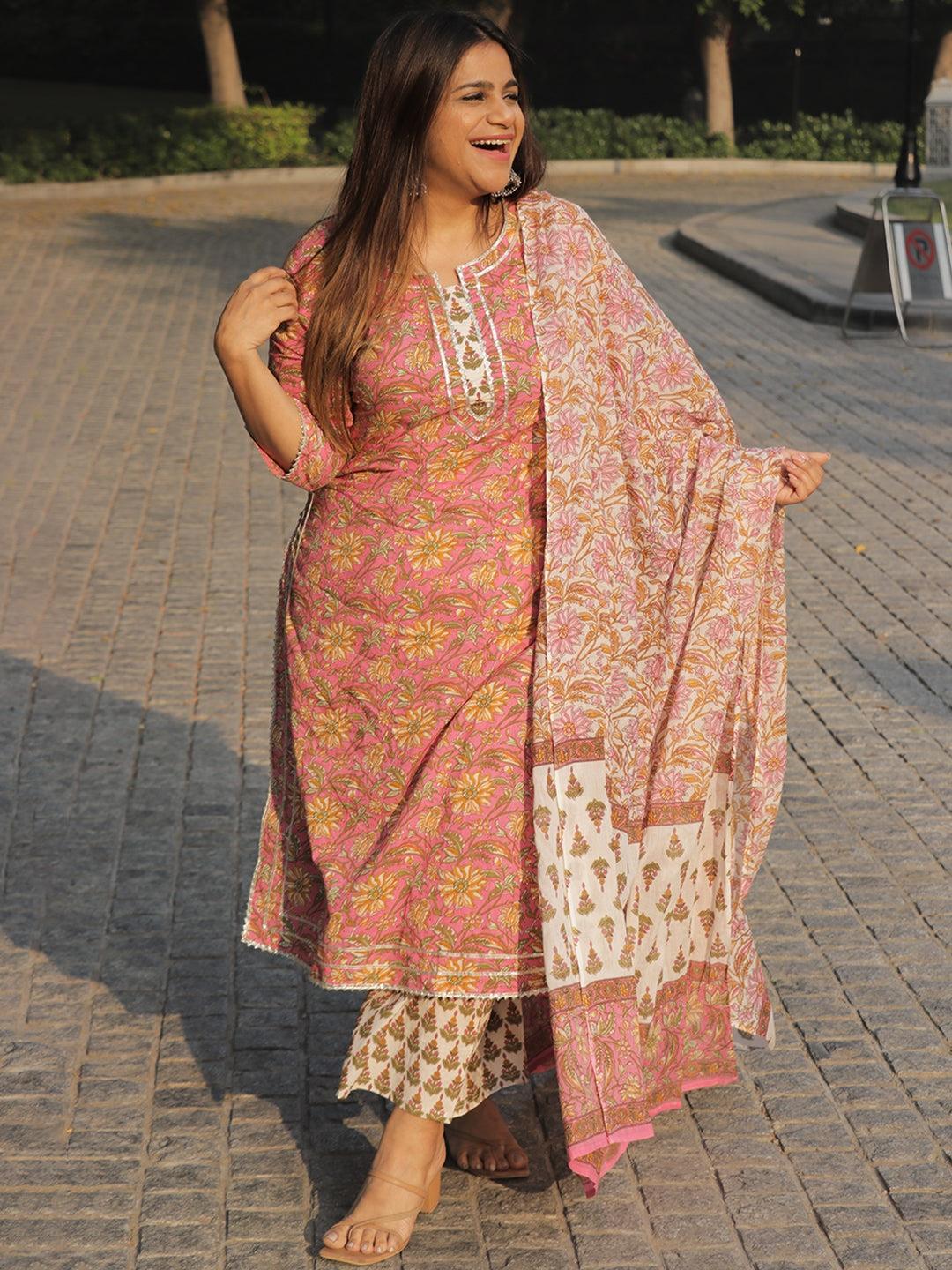 Plus Size Pink Printed Cotton Suit Set