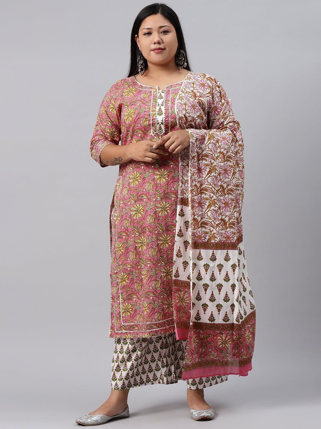 Plus Size Pink Printed Cotton Suit Set