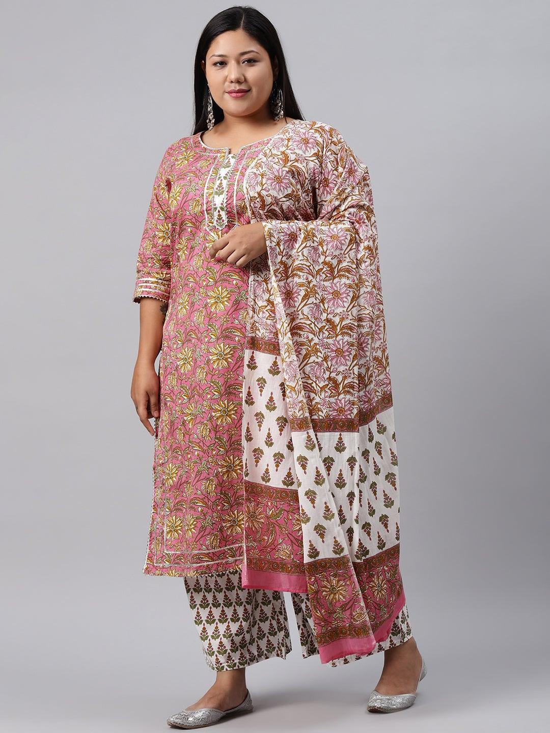 Plus Size Pink Printed Cotton Suit Set