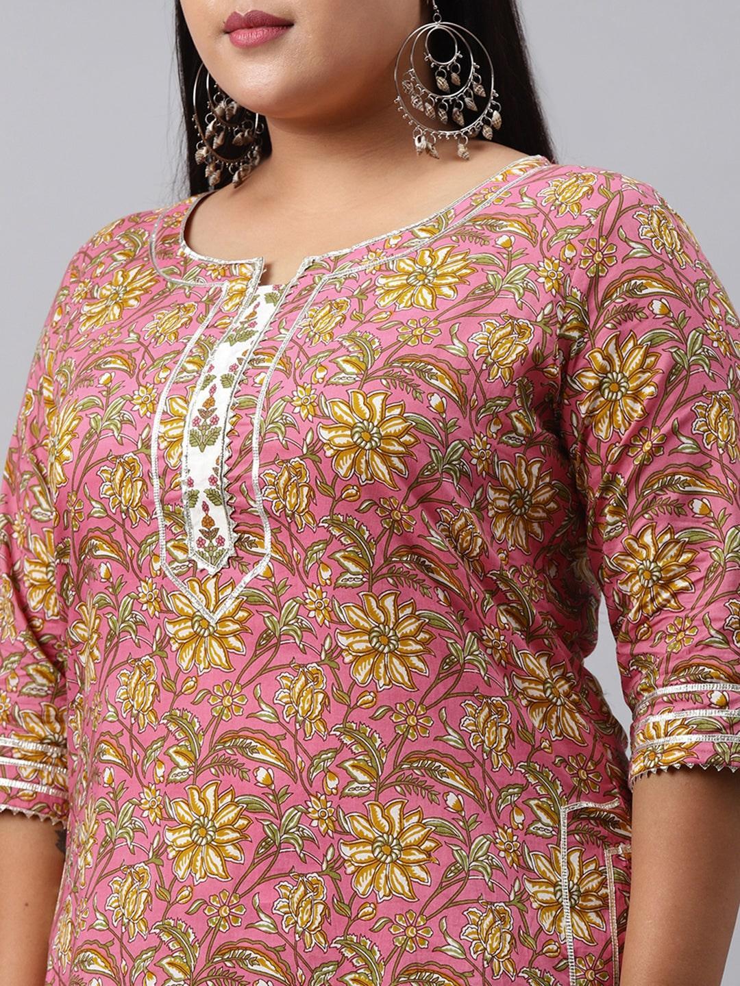 Plus Size Pink Printed Cotton Suit Set