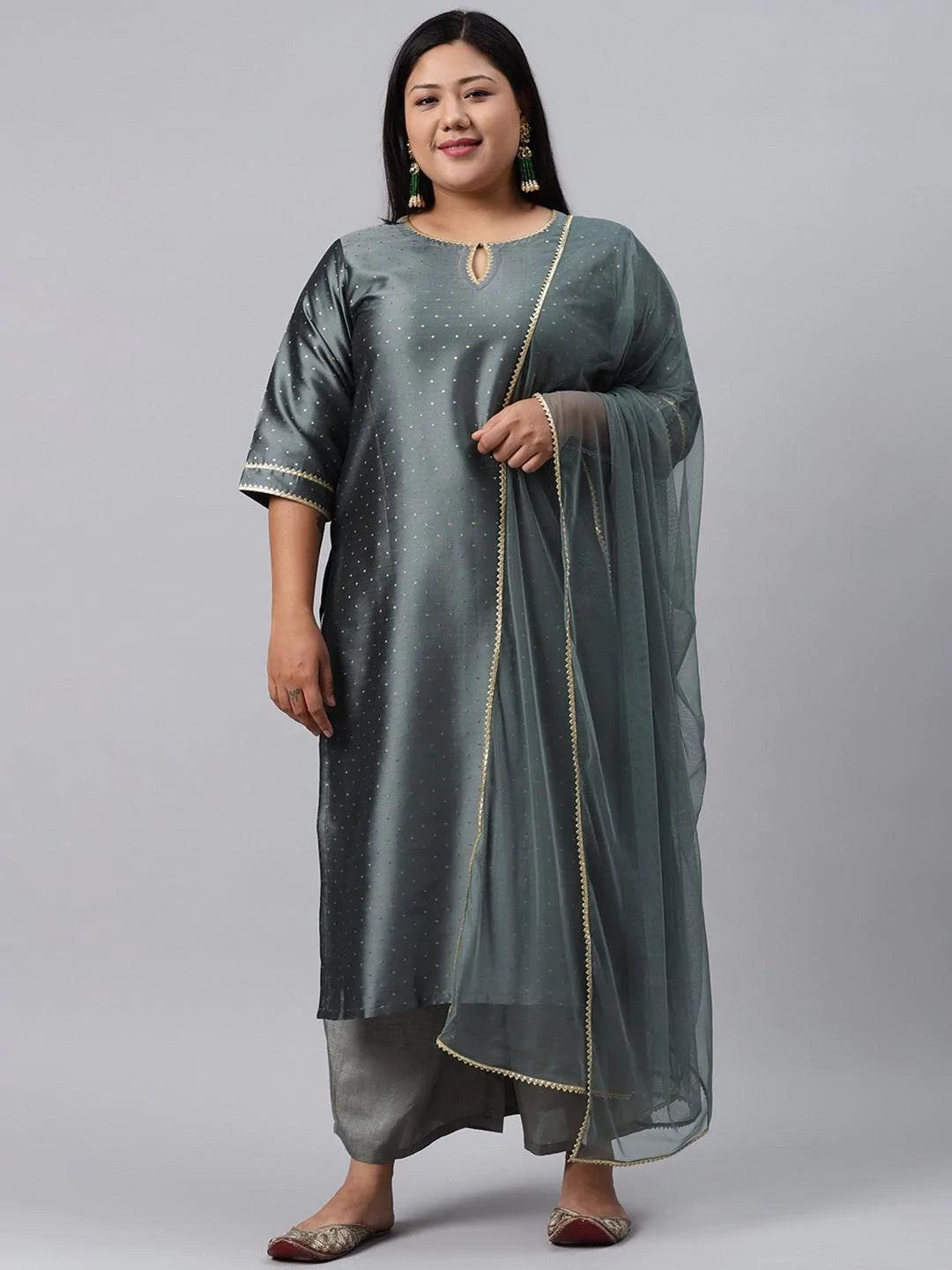 Plus Size Grey Woven Design Art Silk Suit Set