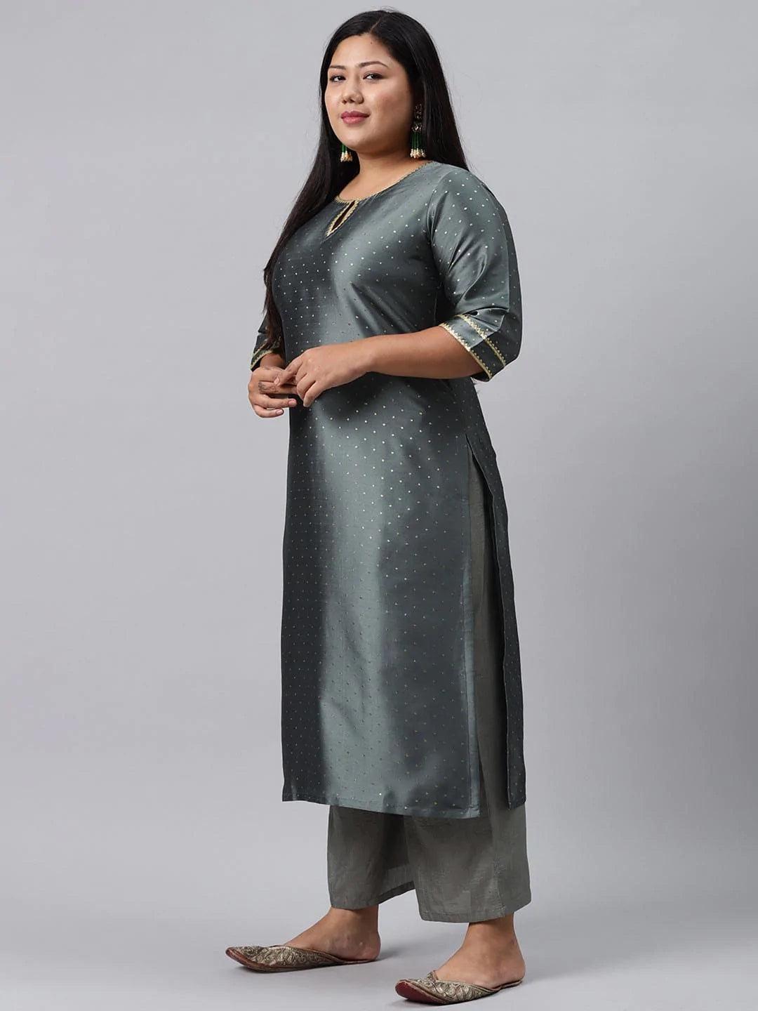 Plus Size Grey Woven Design Art Silk Suit Set