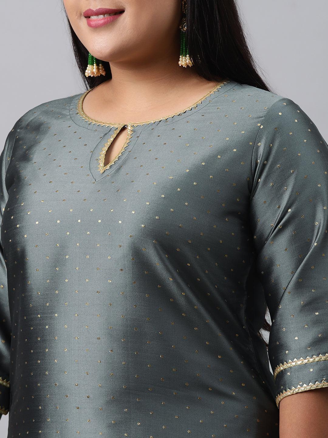 Plus Size Grey Woven Design Art Silk Suit Set