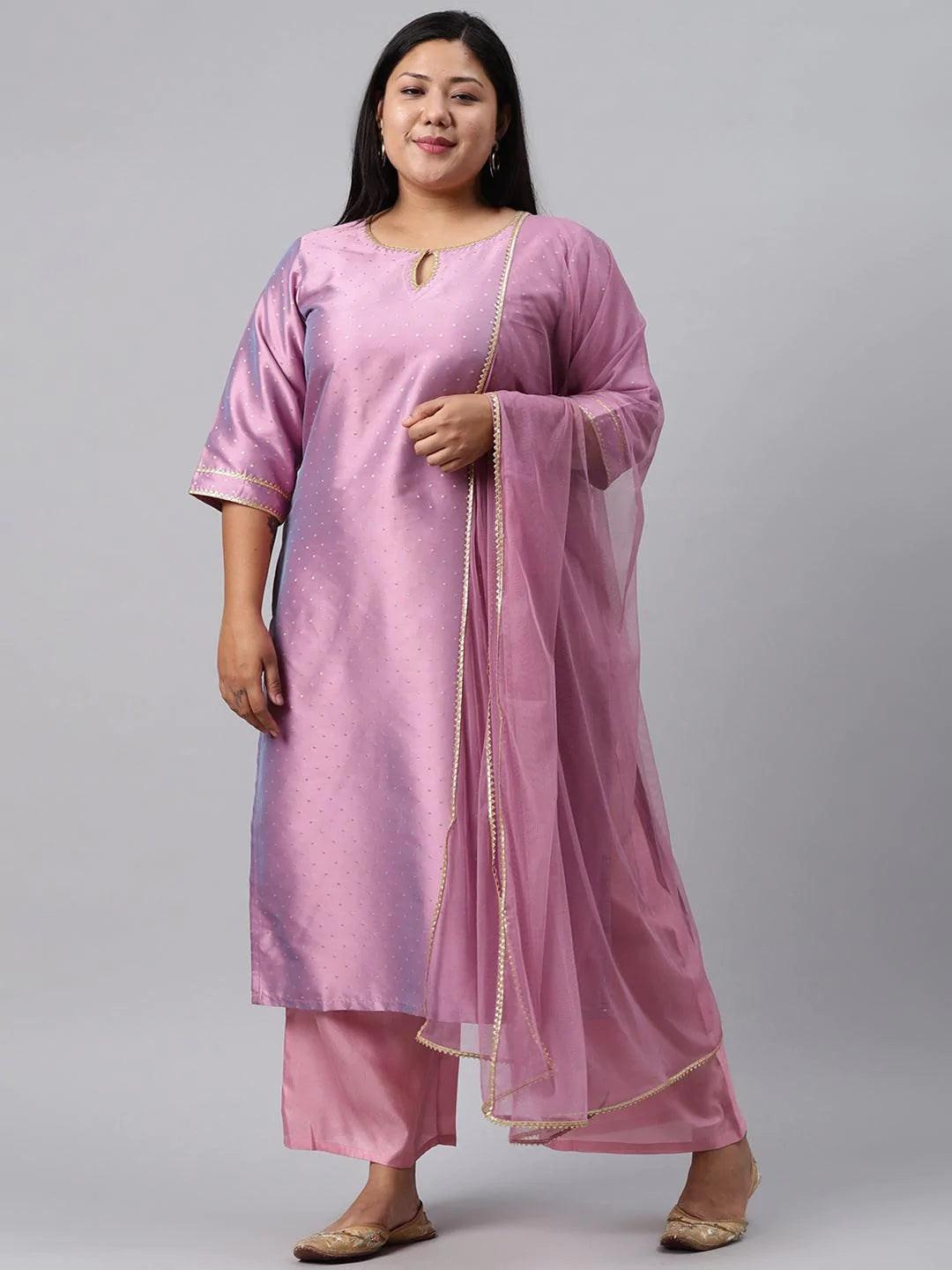 Plus Size Purple Woven Design Art Silk Suit Set - ShopLibas