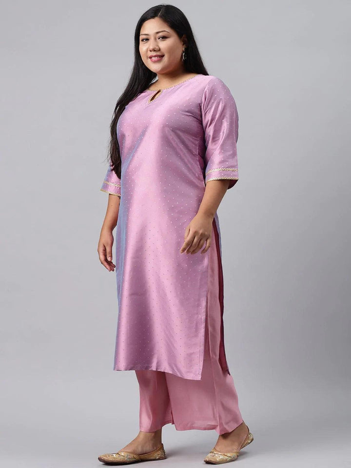 Plus Size Purple Woven Design Art Silk Suit Set - ShopLibas