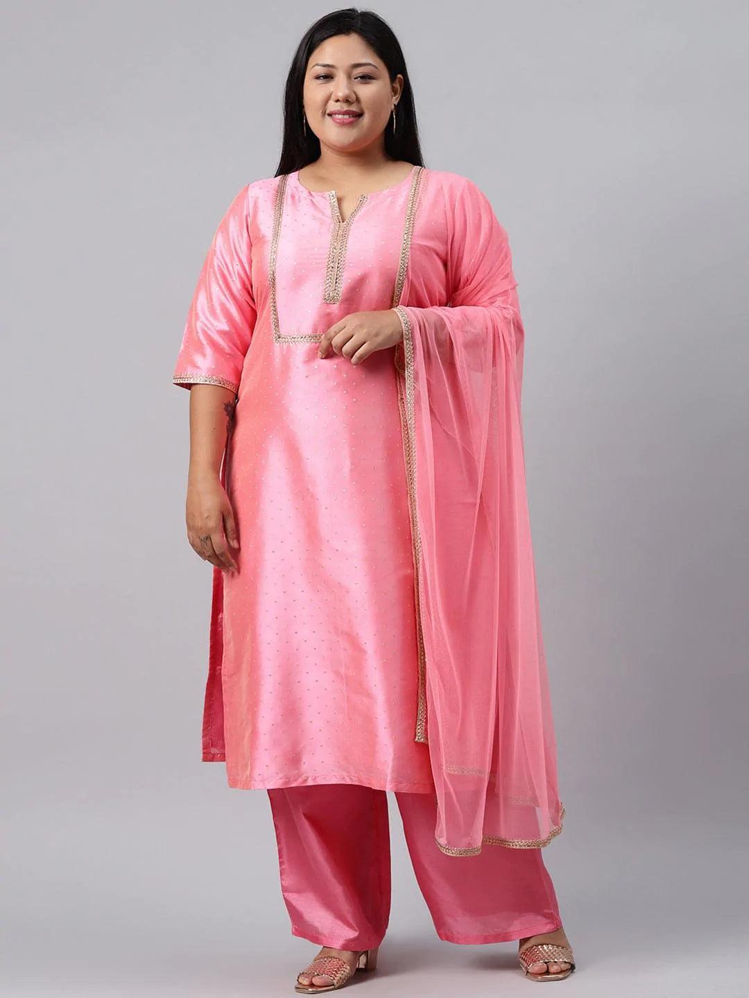 Plus Size Pink Woven Design Art Silk Suit Set