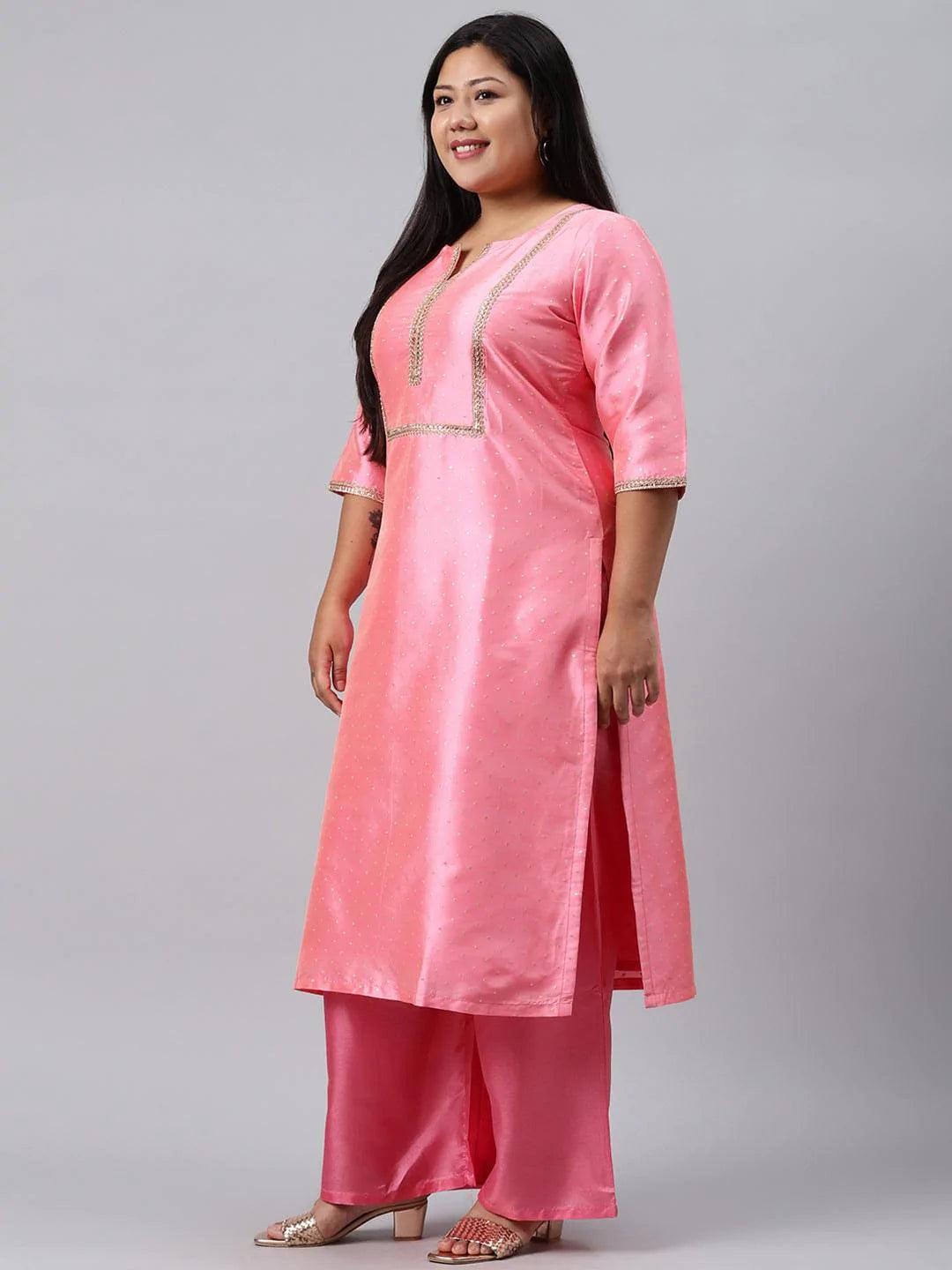 Plus Size Pink Woven Design Art Silk Suit Set