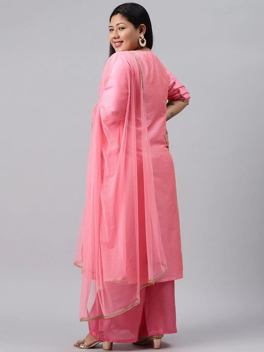 Plus Size Pink Woven Design Art Silk Suit Set