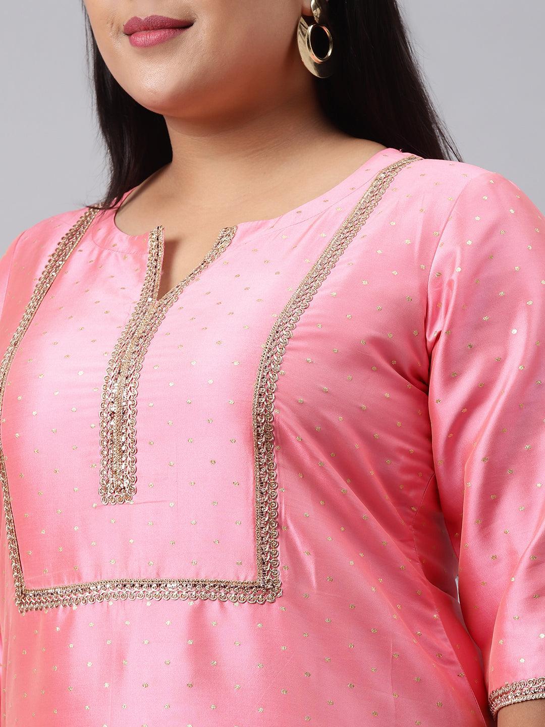 Plus Size Pink Woven Design Art Silk Suit Set