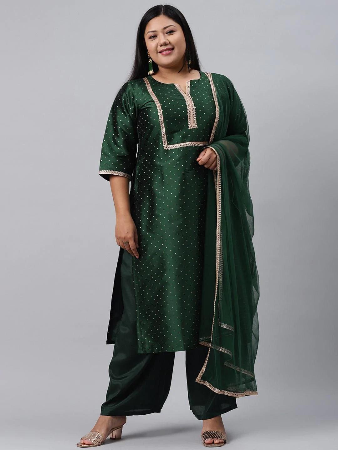 Plus Size Green Woven Design Art Silk Suit Set