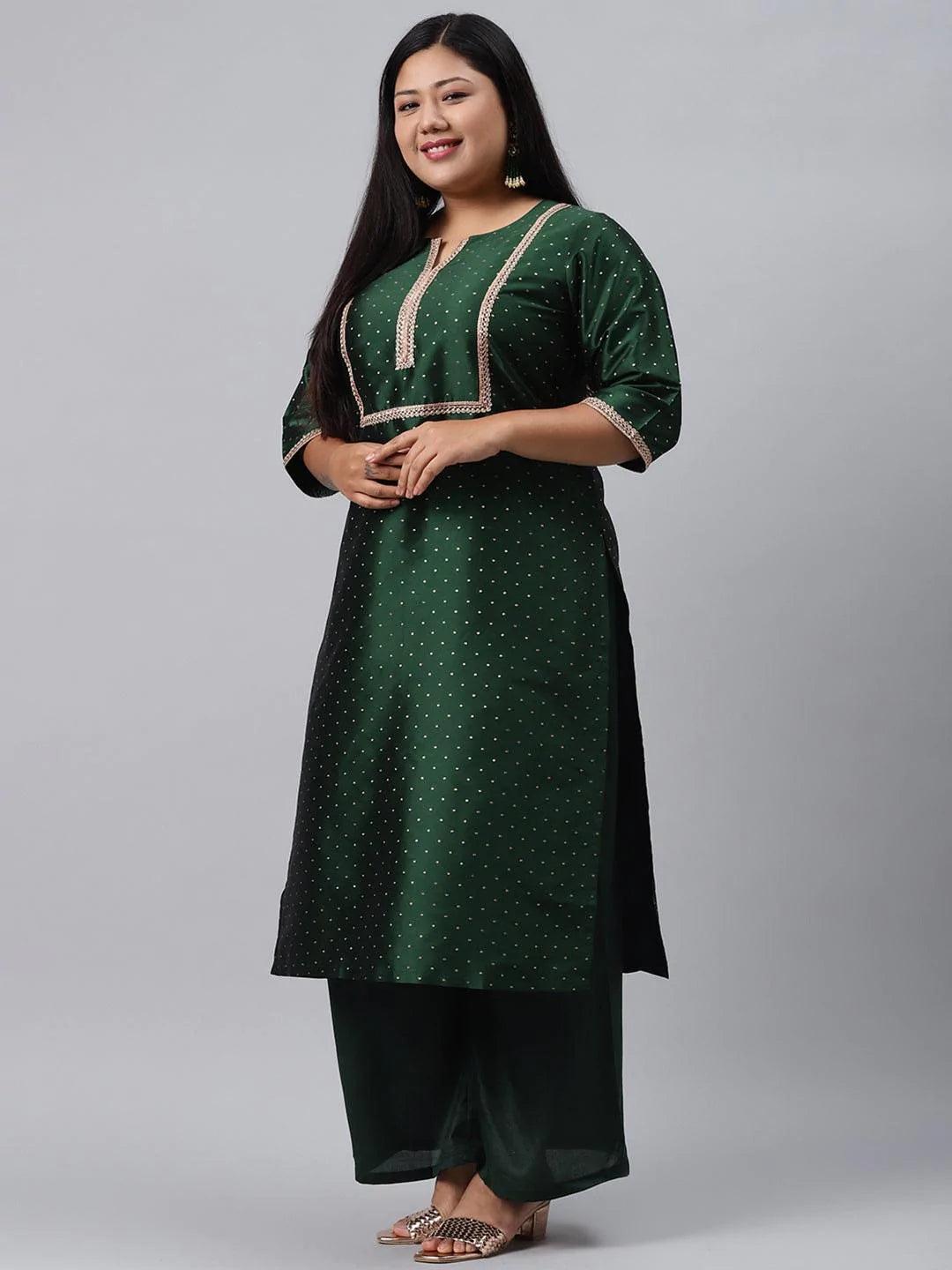 Plus Size Green Woven Design Art Silk Suit Set