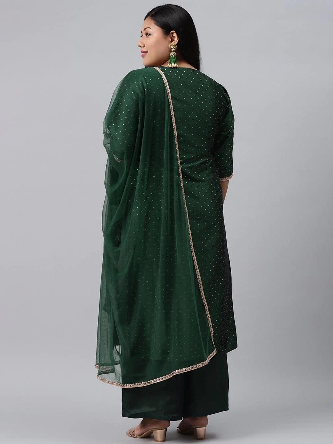 Plus Size Green Woven Design Art Silk Suit Set