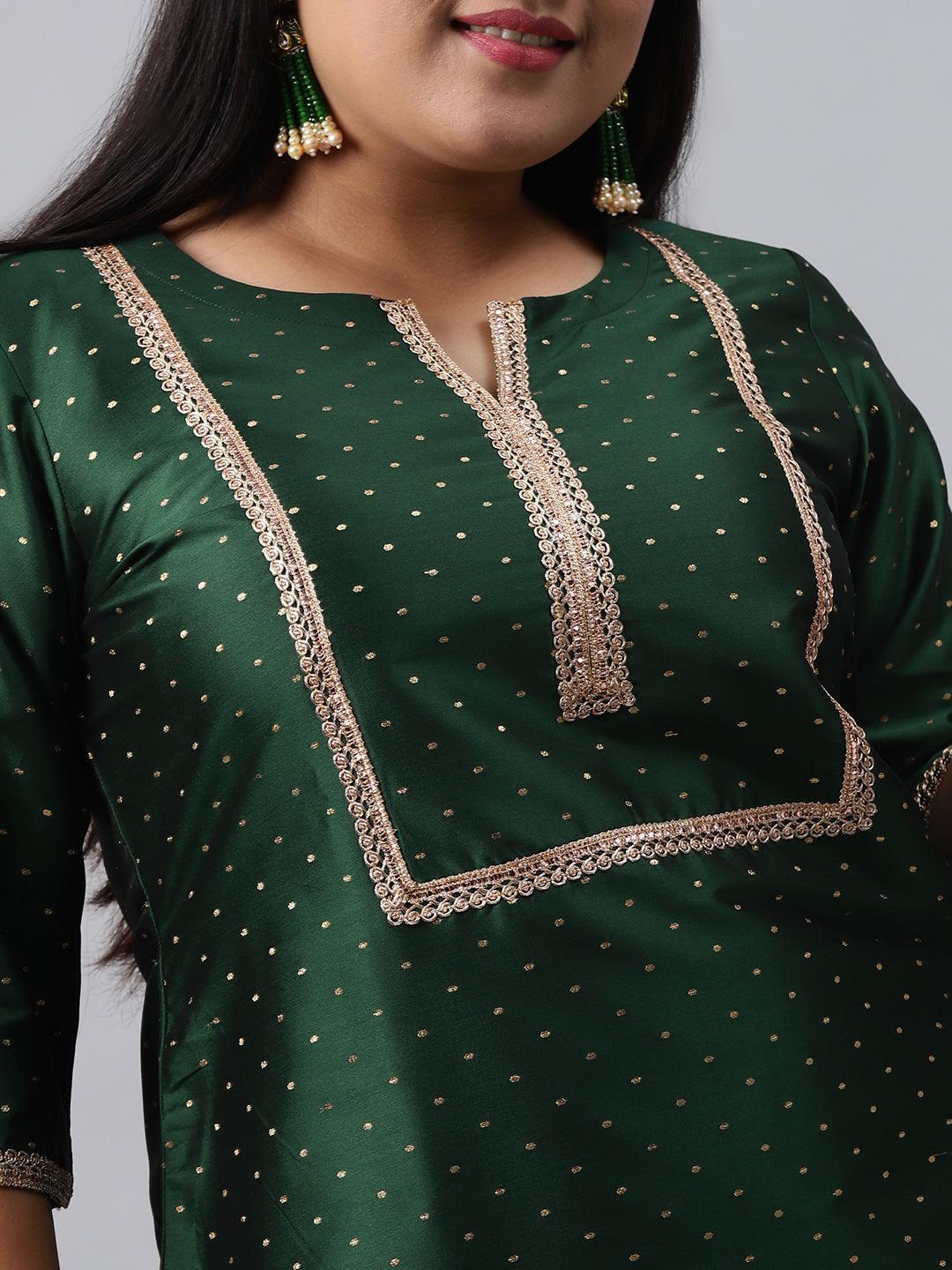 Plus Size Green Woven Design Art Silk Suit Set