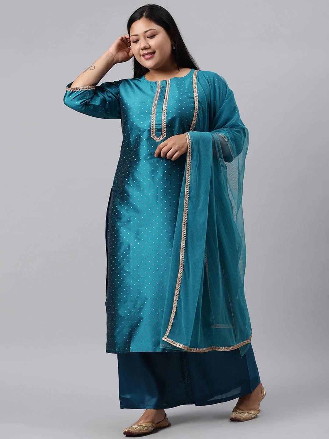 Plus Size Blue Woven Design Art Silk Suit Set