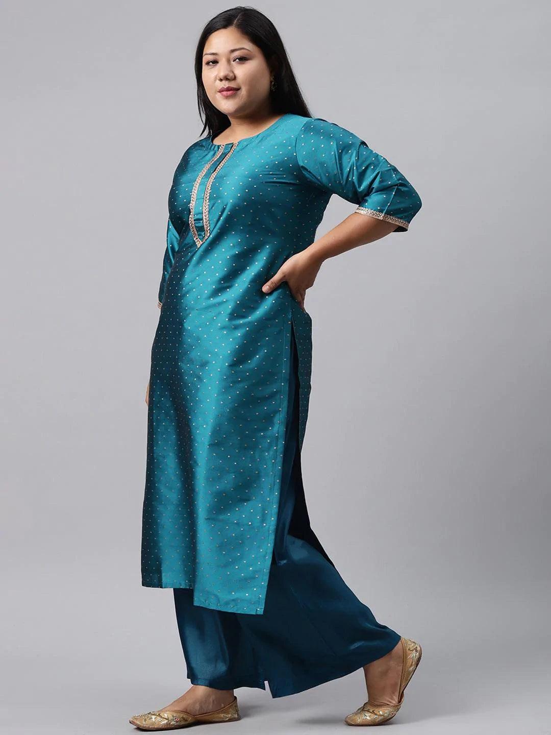 Plus Size Blue Woven Design Art Silk Suit Set