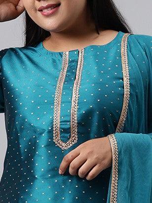 Plus Size Blue Woven Design Art Silk Suit Set