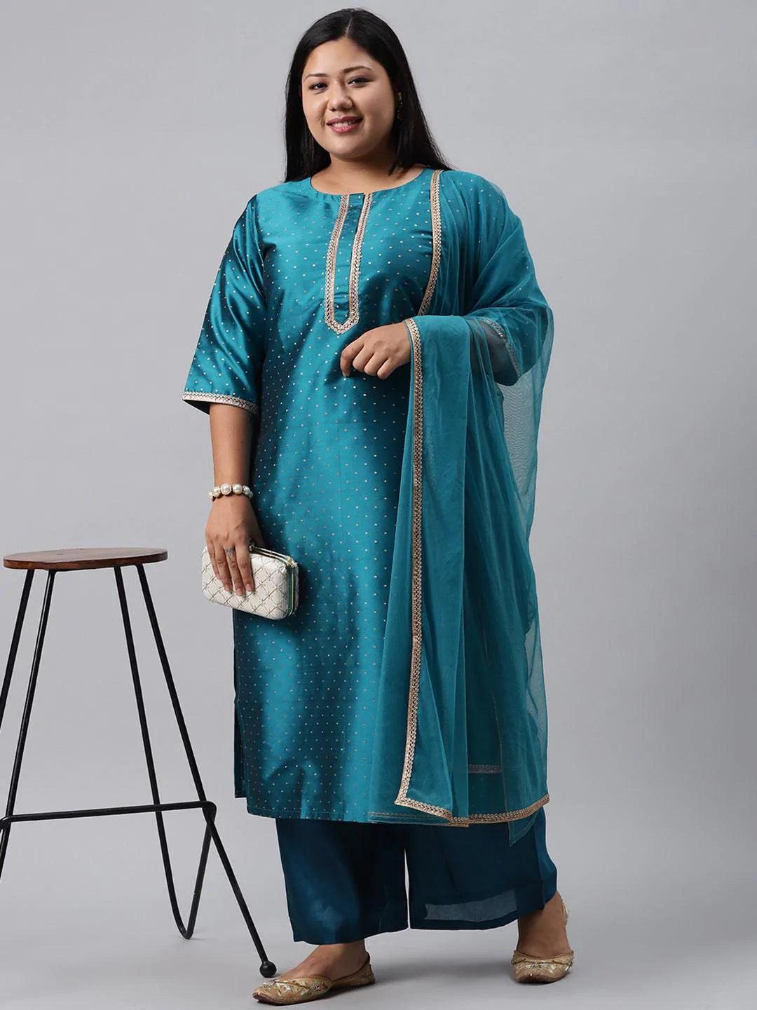 Plus Size Blue Woven Design Art Silk Suit Set