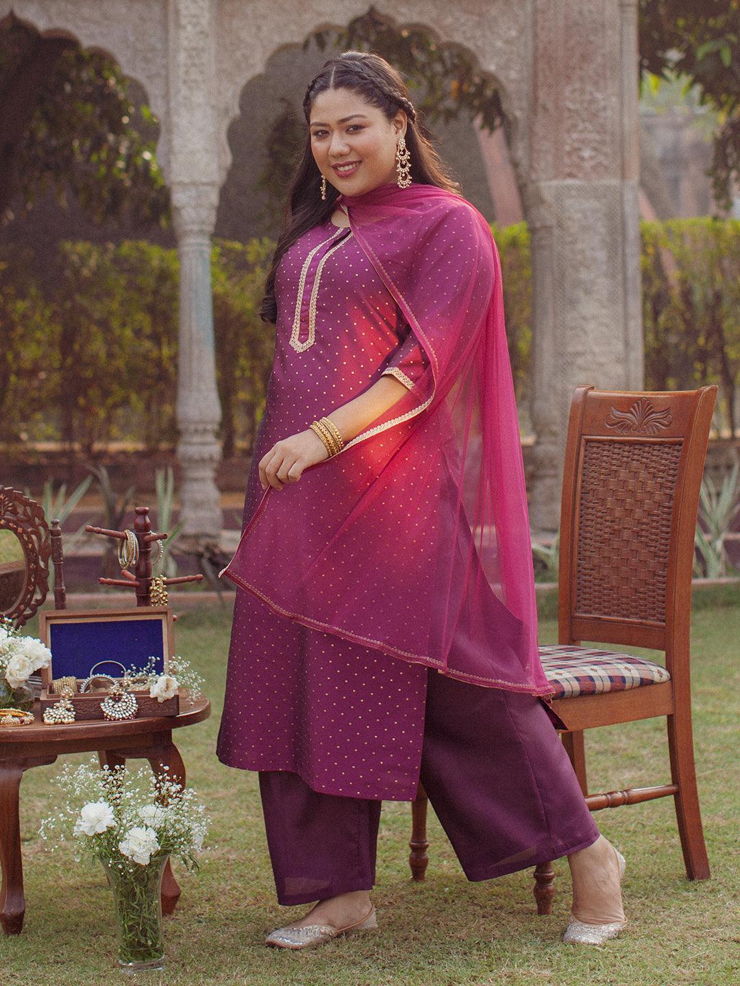 Plus Size Purple Woven Design Art Silk Suit Set