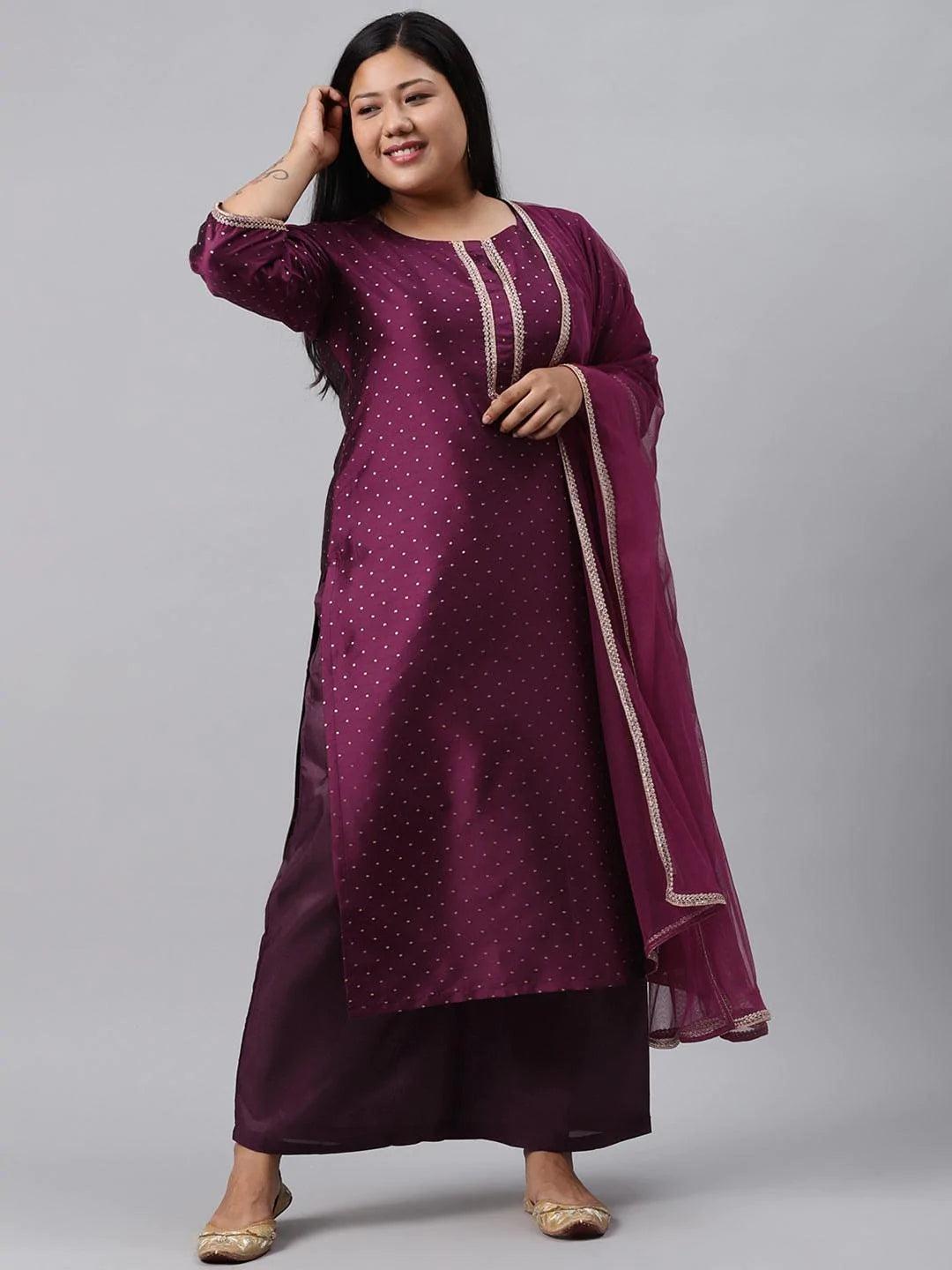 Plus Size Purple Woven Design Art Silk Suit Set