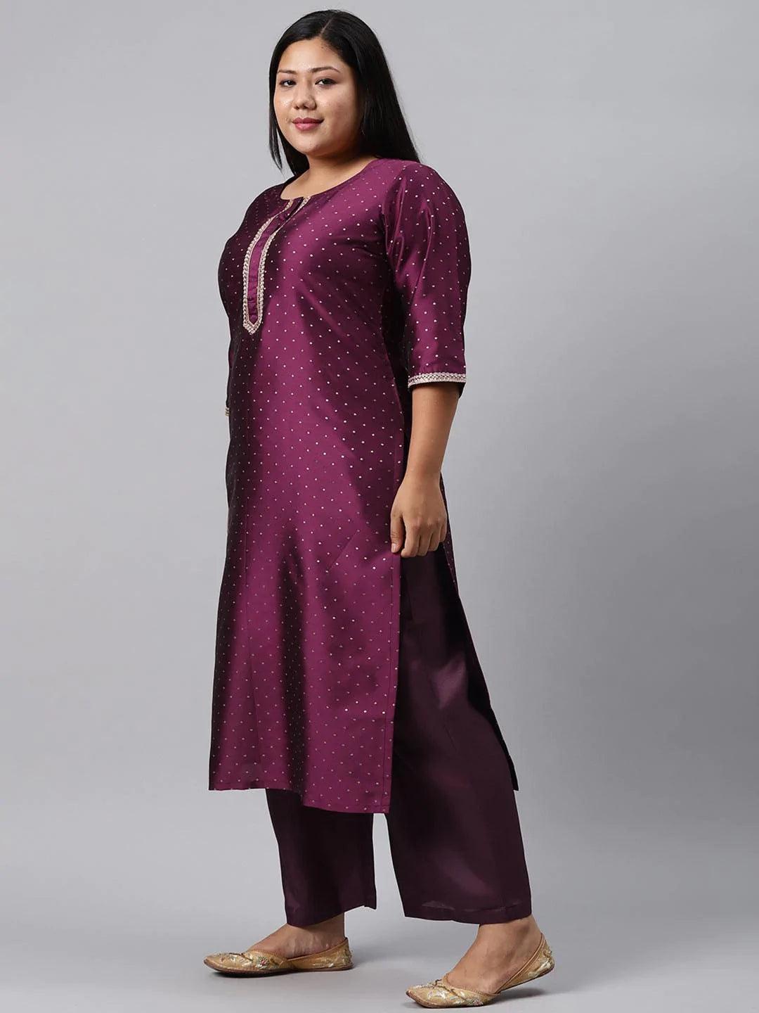 Plus Size Purple Woven Design Art Silk Suit Set