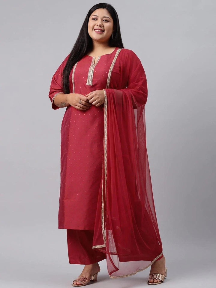 Plus Size Red Woven Design Art Silk Suit Set - ShopLibas