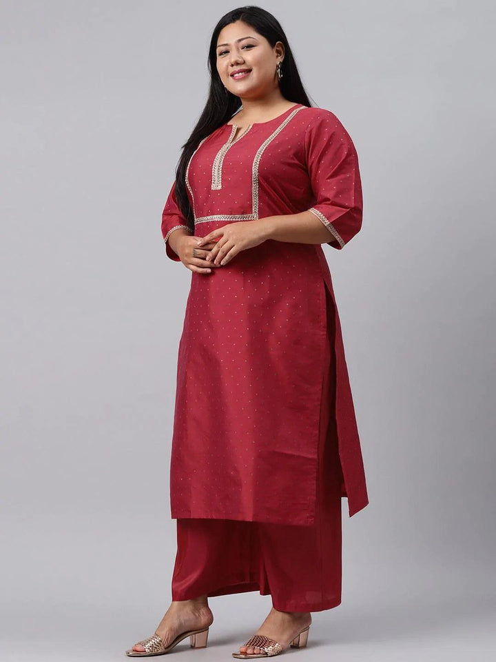 Plus Size Red Woven Design Art Silk Suit Set - ShopLibas