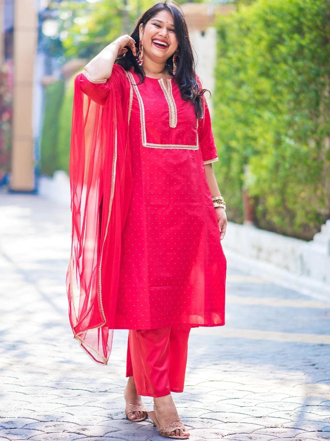 Plus Size Red Woven Design Art Silk Suit Set - ShopLibas