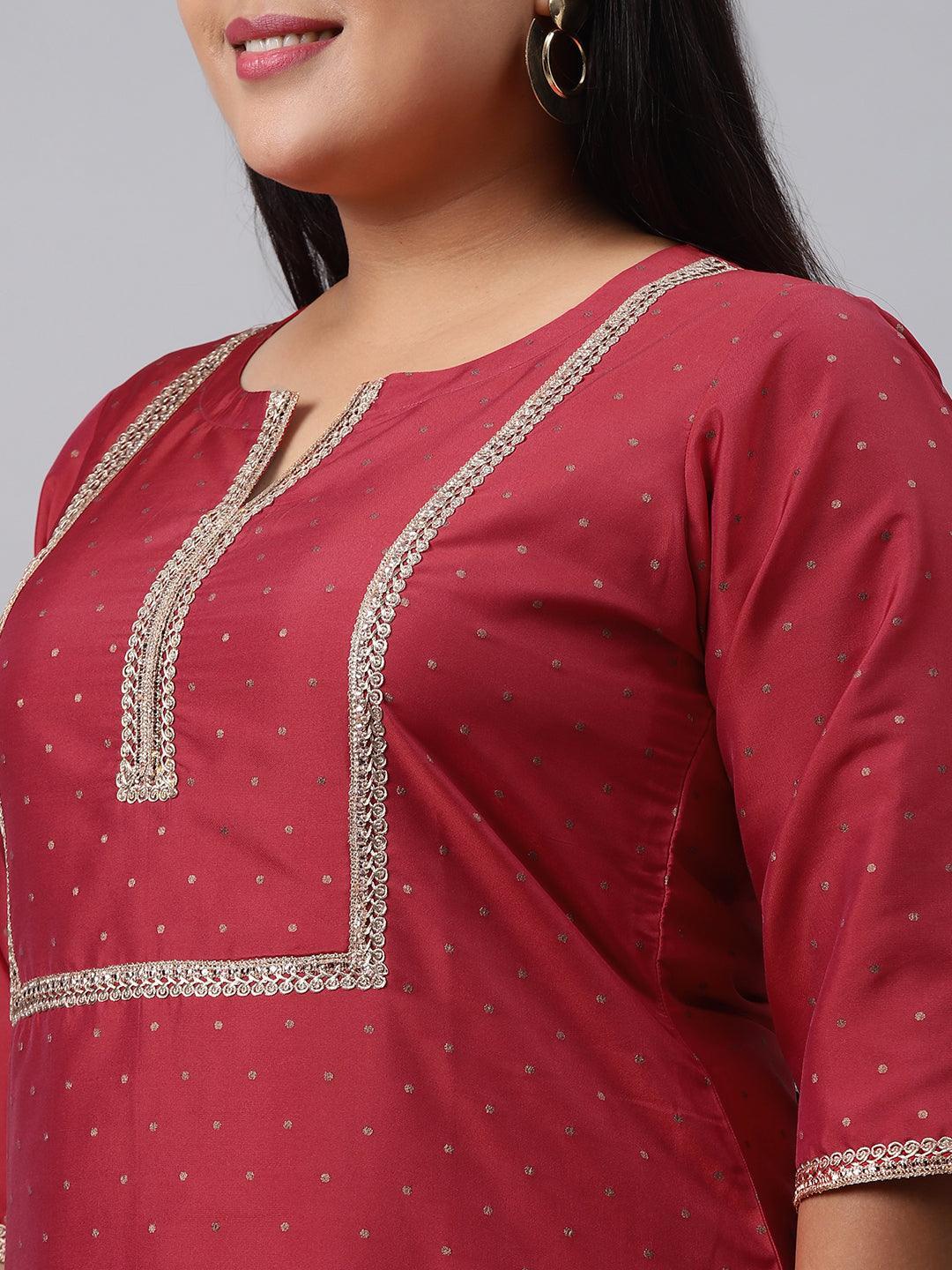 Plus Size Red Woven Design Art Silk Suit Set - ShopLibas