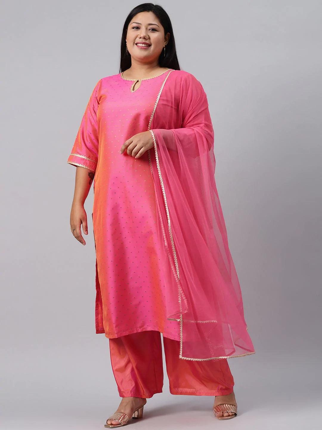 Plus Size Pink Woven Design Art Silk Suit Set