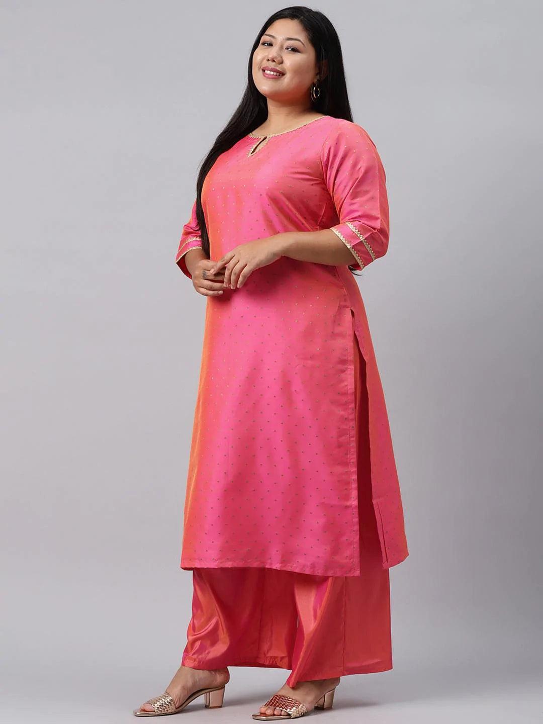 Plus Size Pink Woven Design Art Silk Suit Set