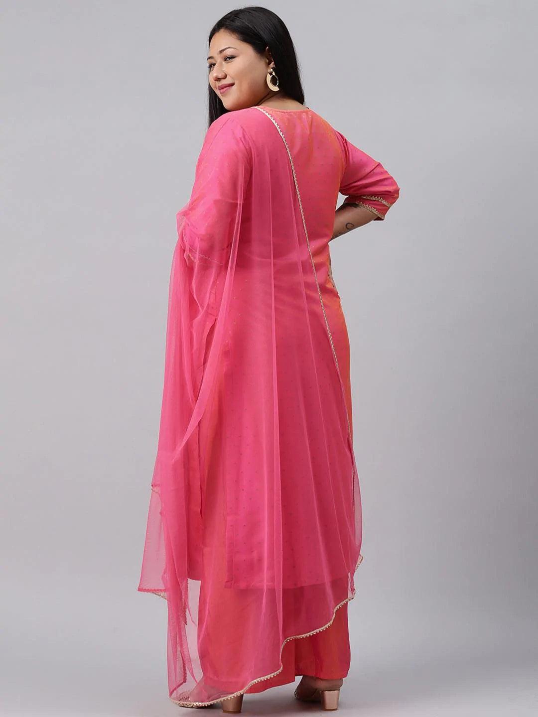 Plus Size Pink Woven Design Art Silk Suit Set