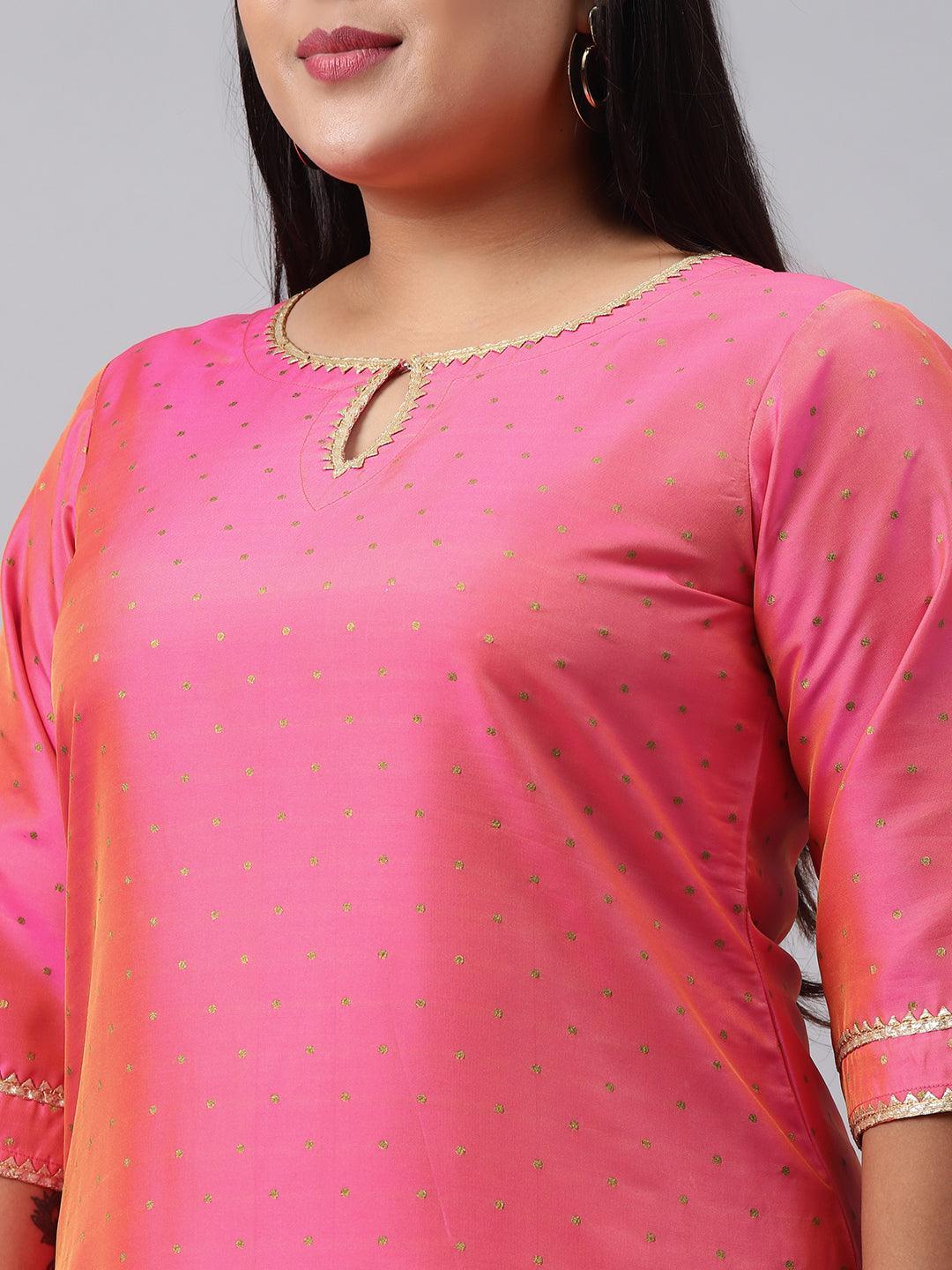 Plus Size Pink Woven Design Art Silk Suit Set - ShopLibas