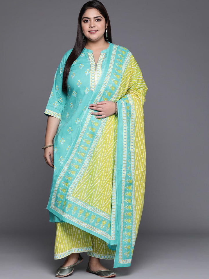 Plus Size Blue Printed Cotton Suit Set - ShopLibas