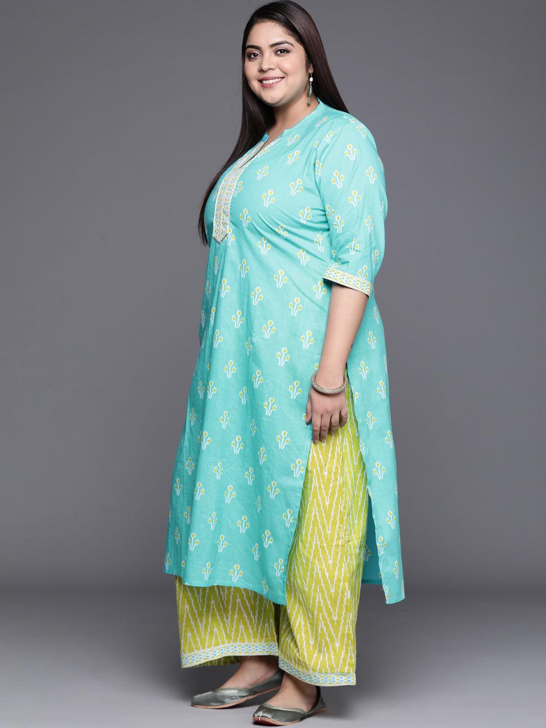 Plus Size Blue Printed Cotton Suit Set